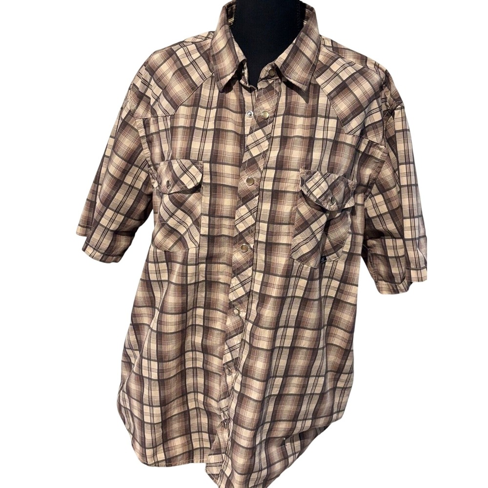 Coastal Mens XL Brown Plaid Short Sleeve Western Pearl Snap Shirt Cowboy summer